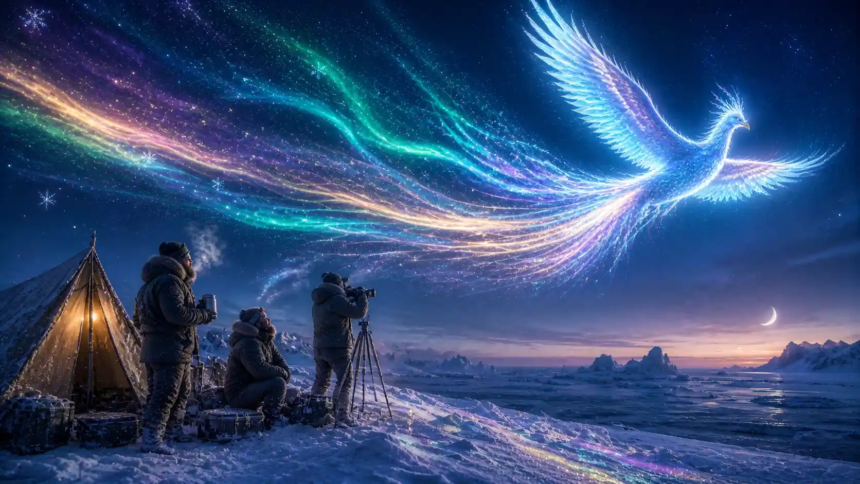Arctic scientists watching a luminous aurora phoenix at twilight