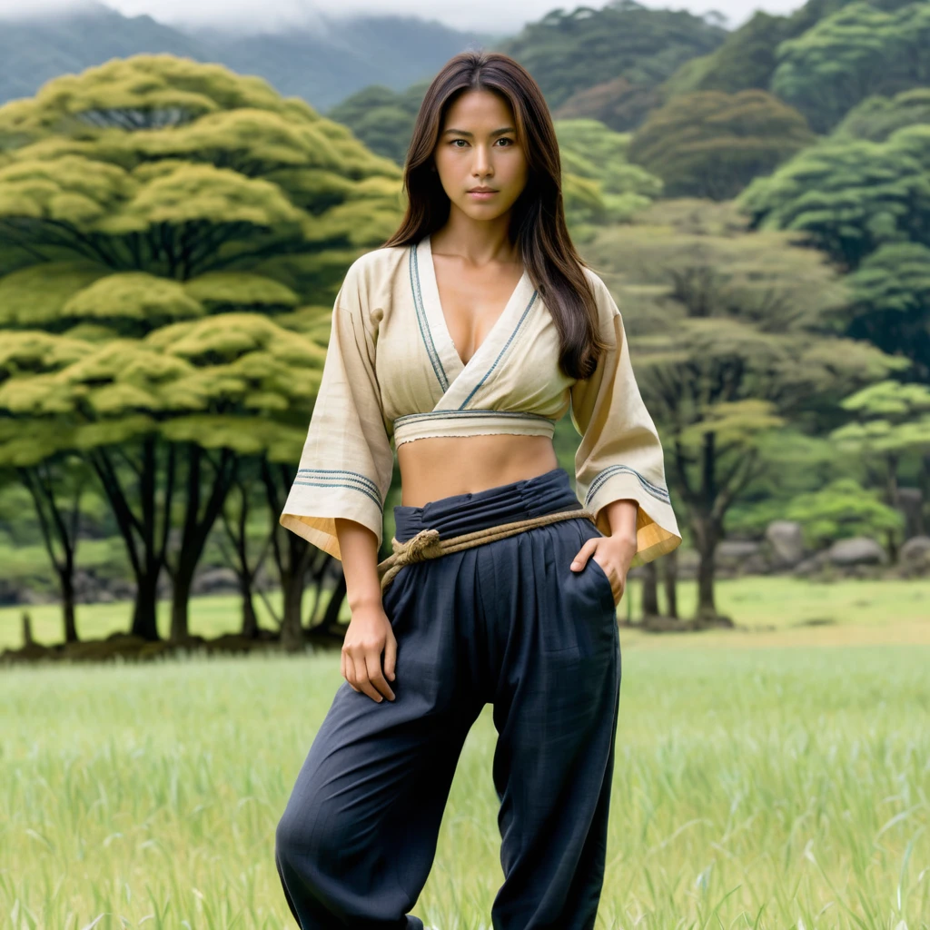 Young South American woman standing in a quiet open field