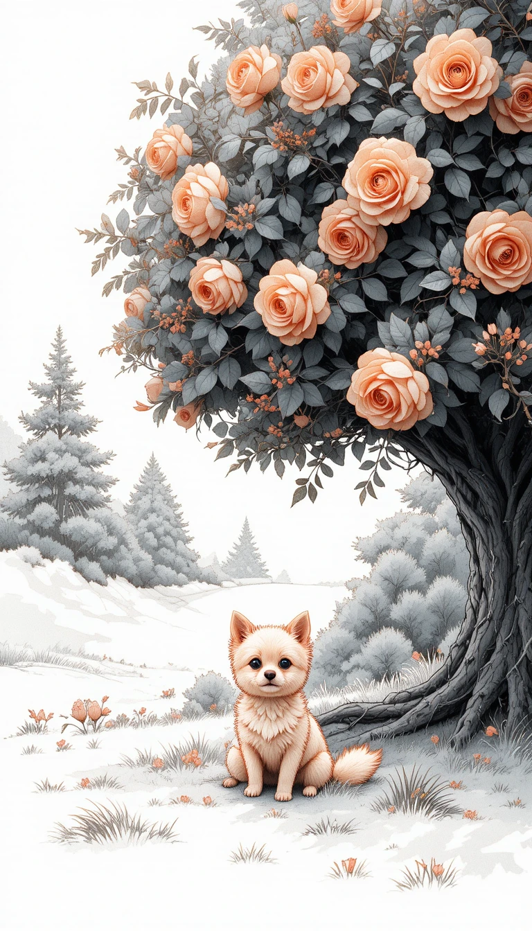 Magical peach dog under blooming rose bush at sunrise
