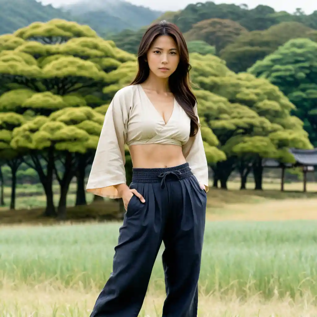 Mexican woman in loose pants standing in a cloudy field