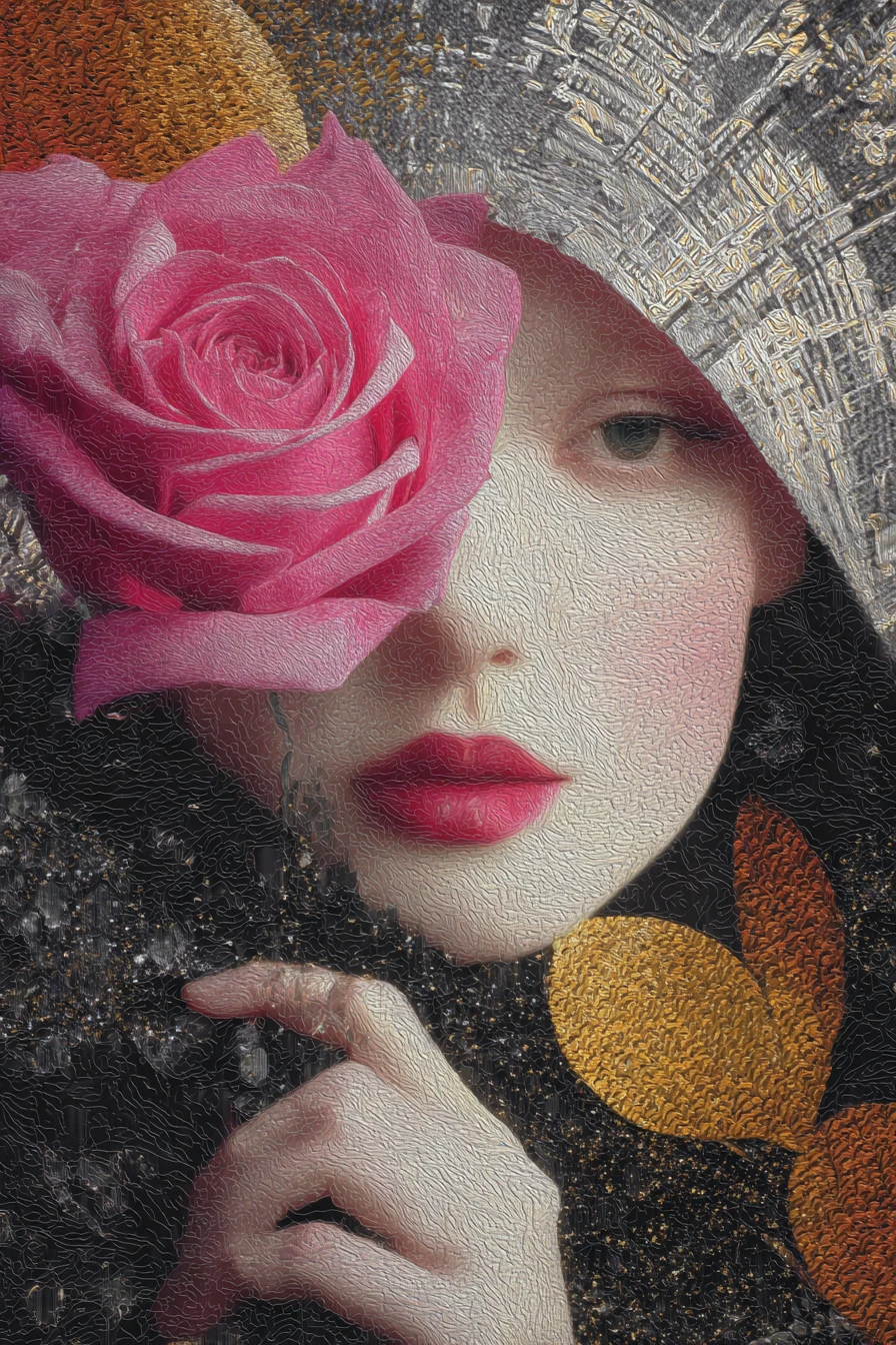 Surreal portrait of a woman with rose petal lips