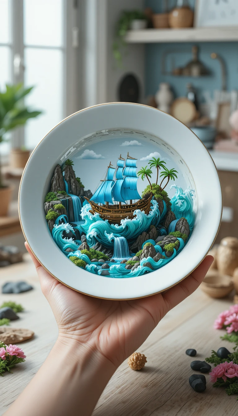 Double exposure plate revealing a tiny 3D ship world