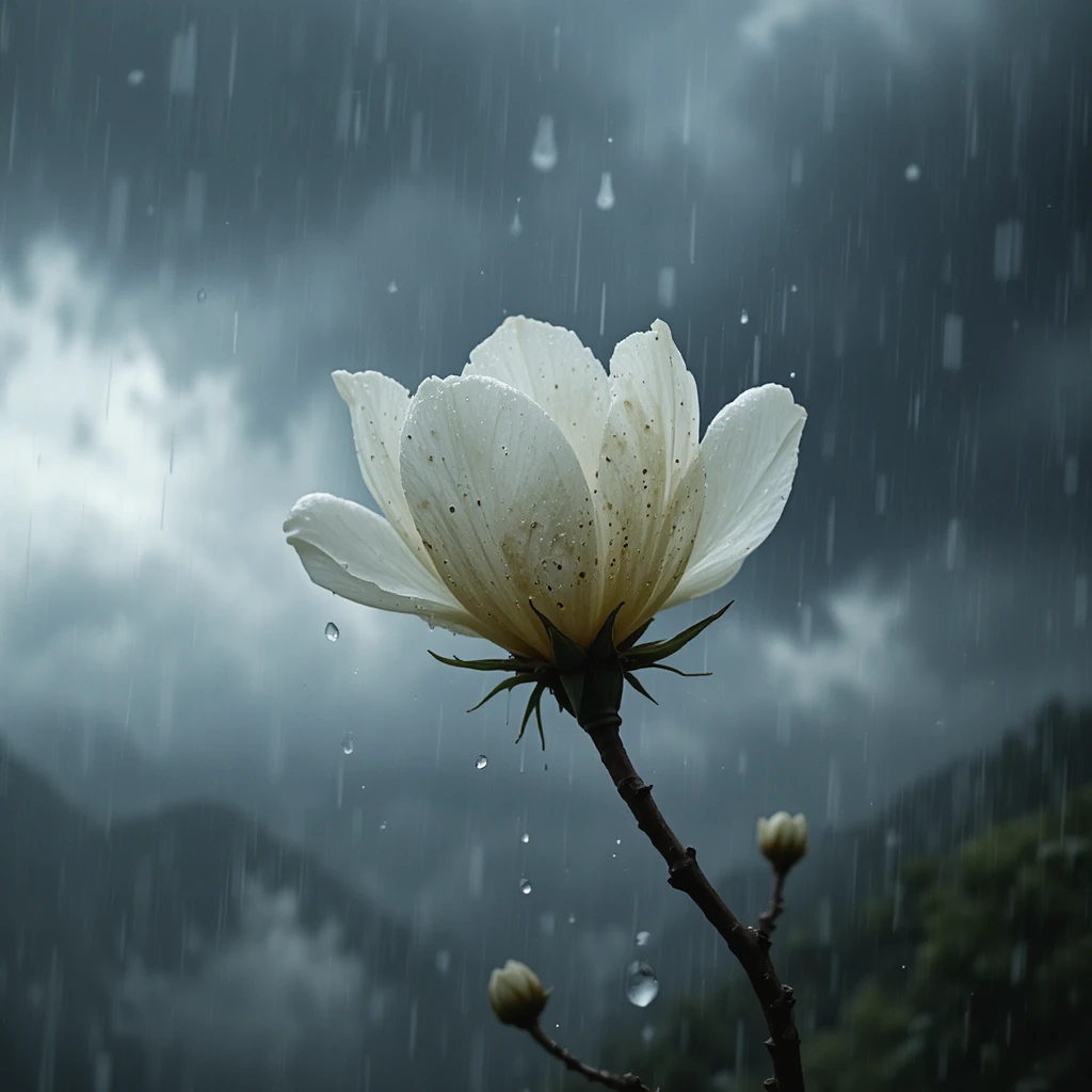 White plum flower in rain against a dark sky