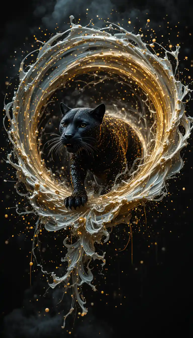 Black panther in motion with swirling water and sparks