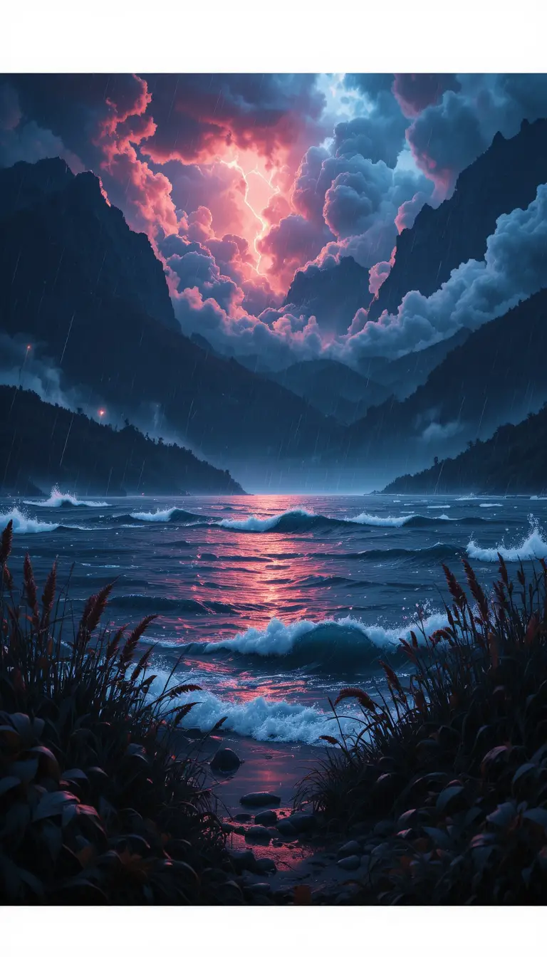 Storm clouds gathering over a neon lit lakeside landscape