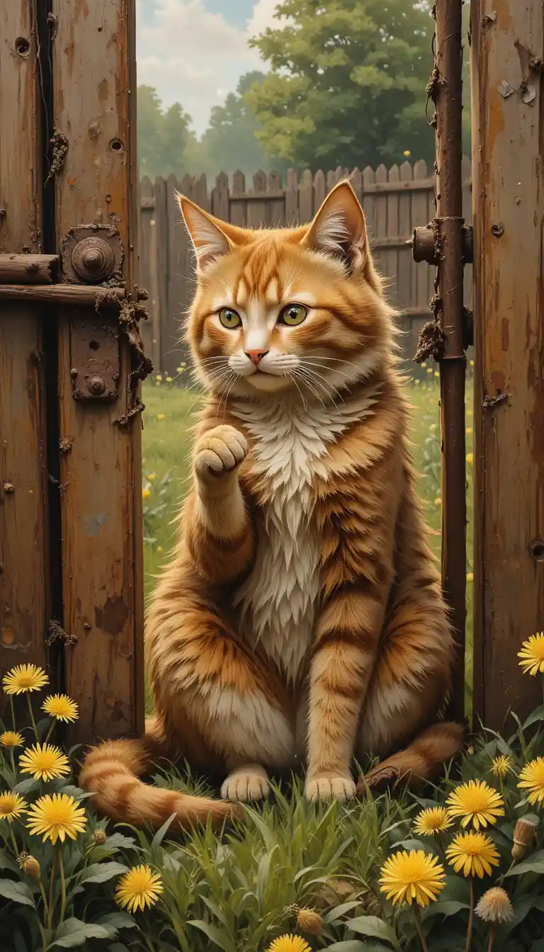 Red haired cat sniffing a dandelion by a rusty gate