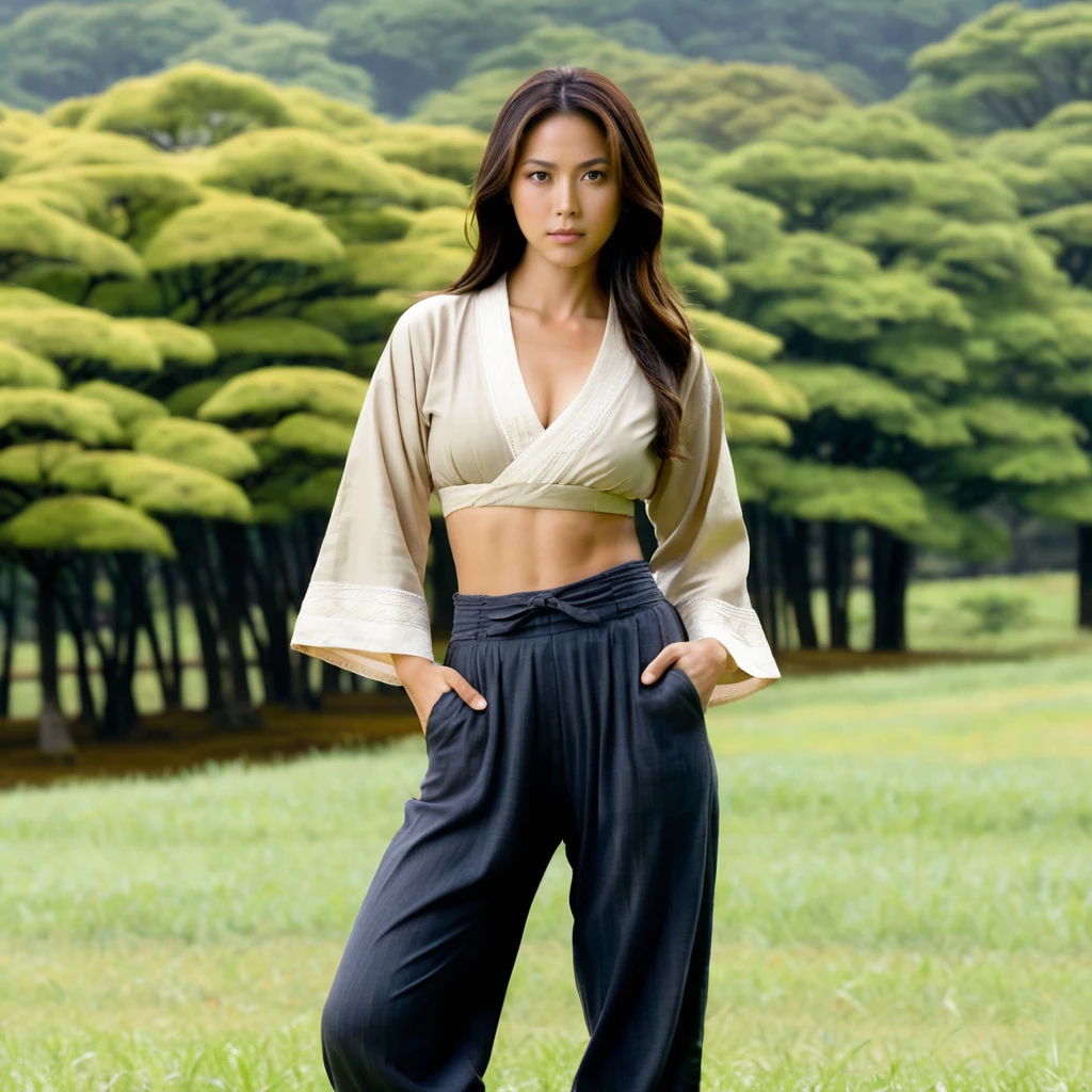 Latina woman in loose pants standing in a rural field