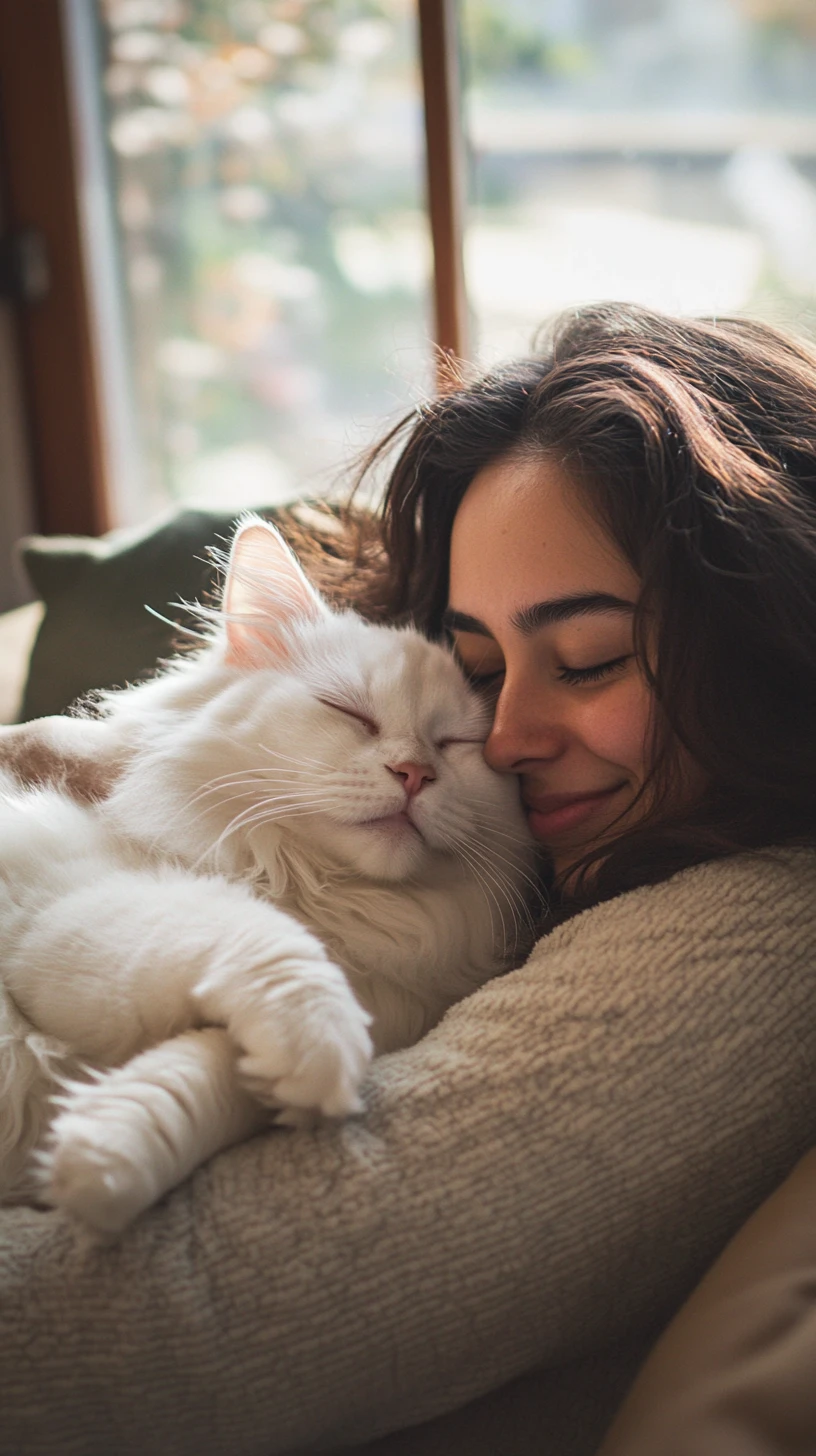 Mujer sonriente abrazando a un gato blanco en una sala de estar acogedora