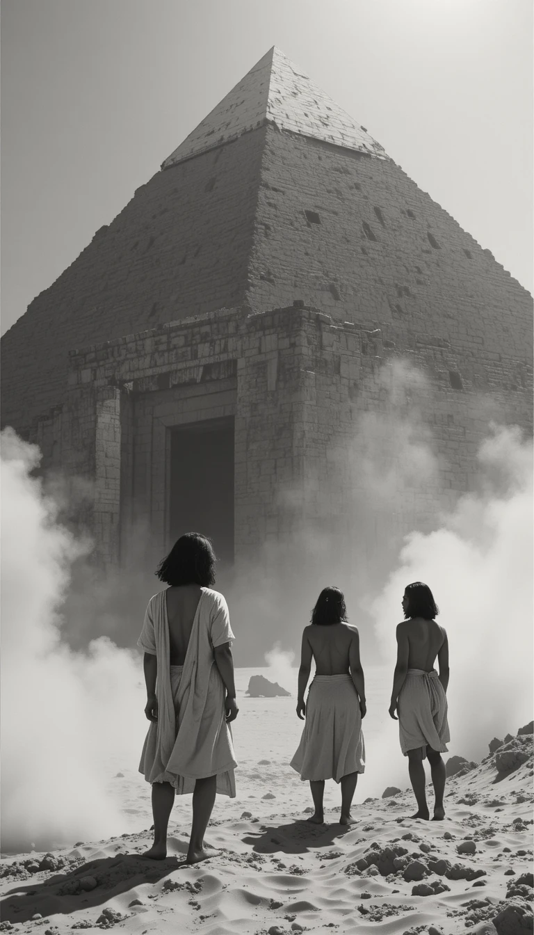 Giant human figures in an ancient Egyptian desert pyramid scene