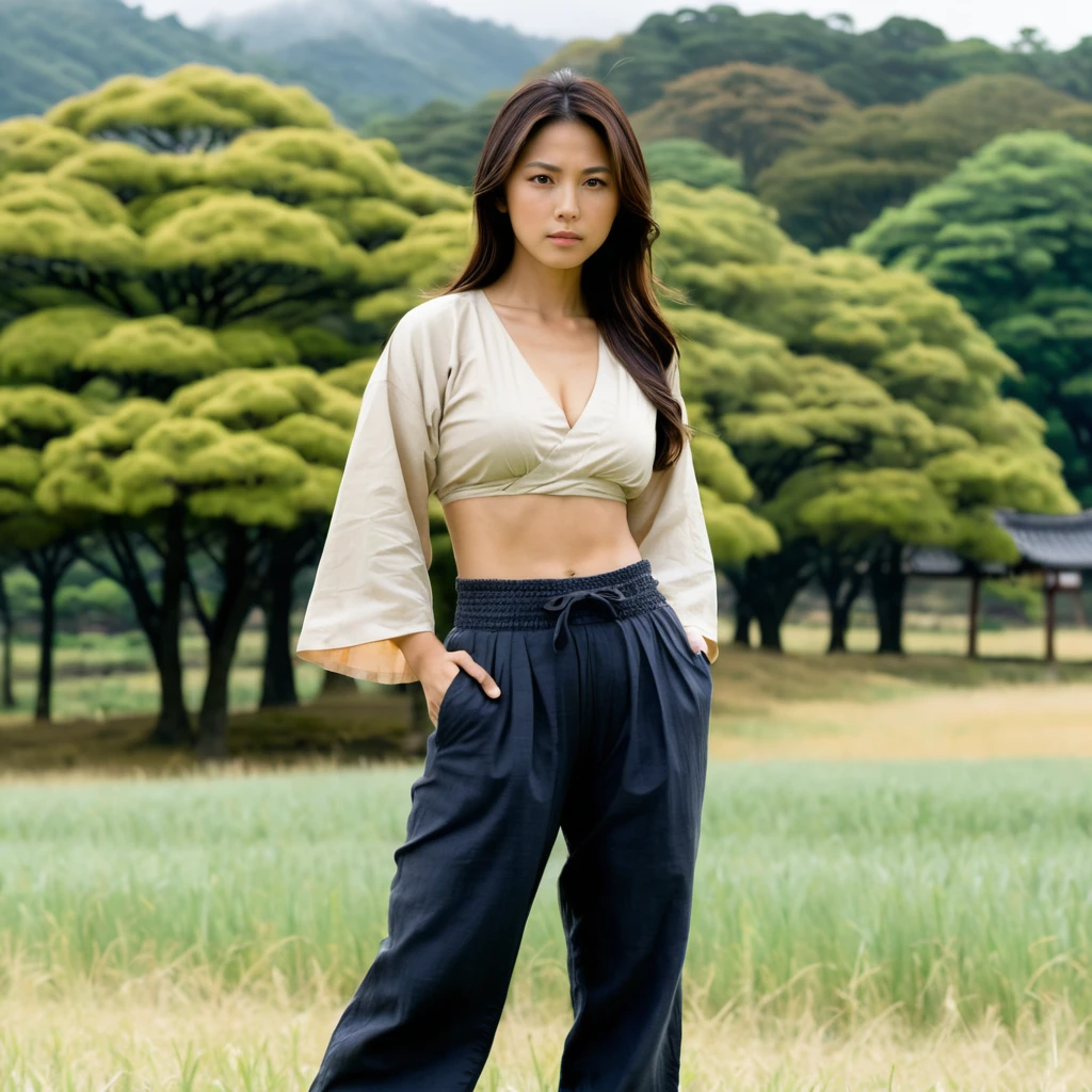 Mexican woman in loose pants standing in a cloudy field