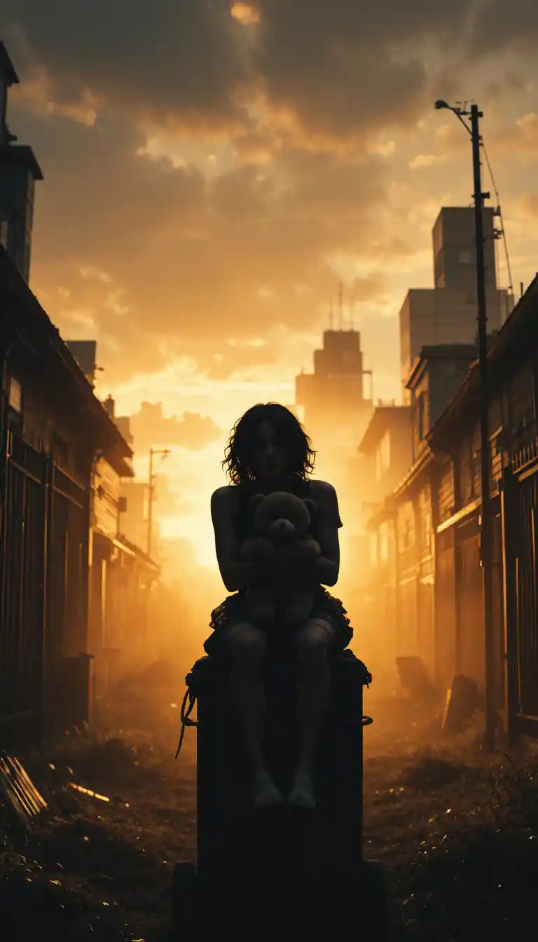 Crying young girl clutching teddy bear at city sunset