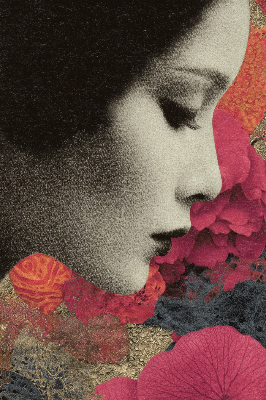 Surreal portrait of the most beautiful woman in textured collage