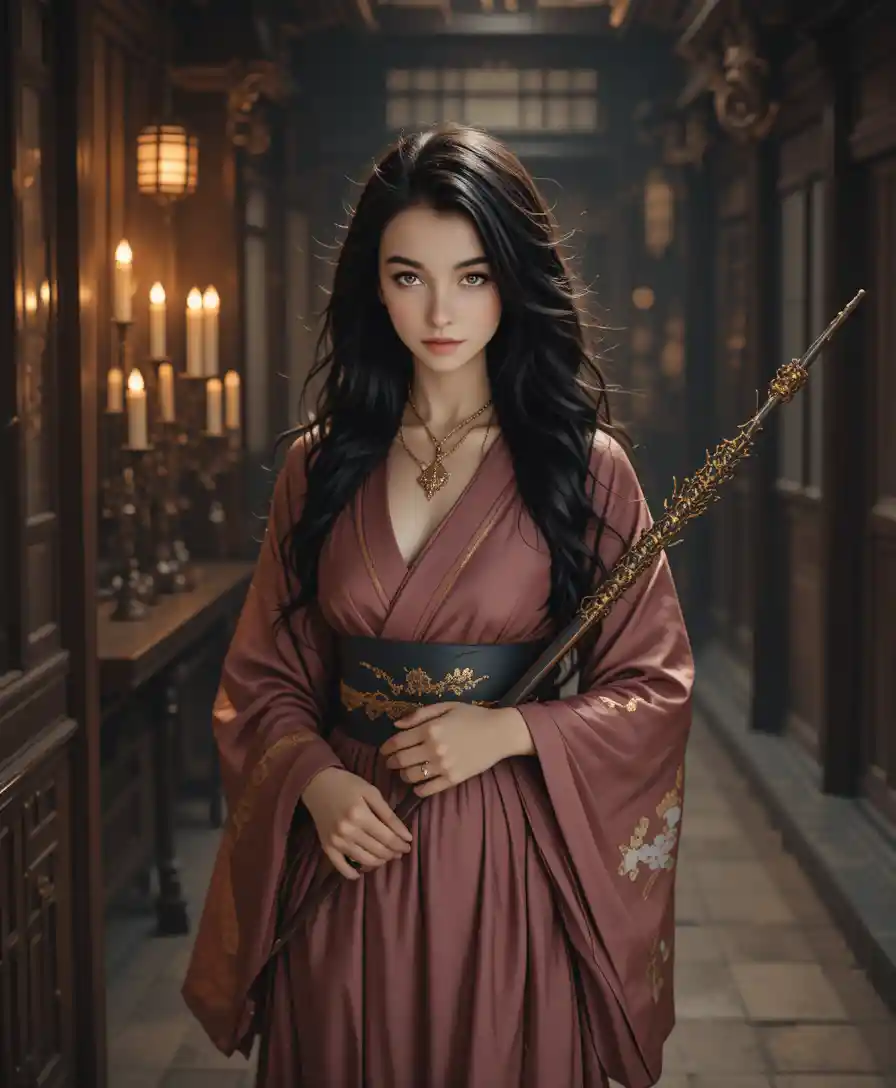 Elegant Japanese girl with naginata in candlelit mansion