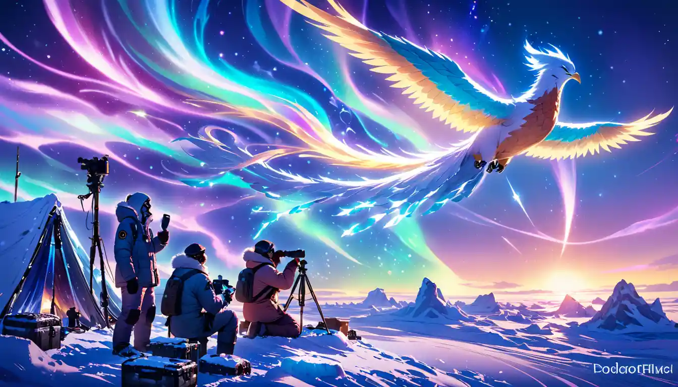 Arctic scientists watching a luminous phoenix aurora in twilight