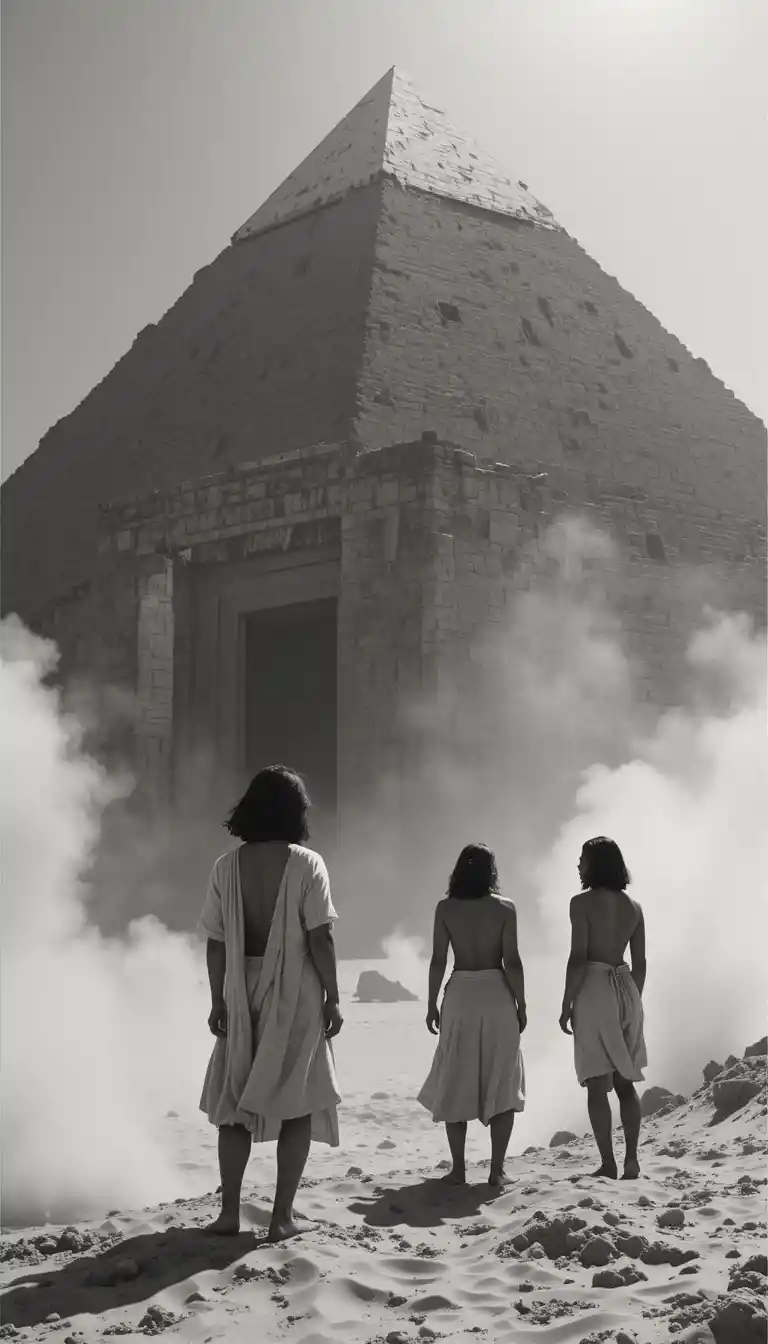 Giant human figures in an ancient Egyptian desert pyramid scene