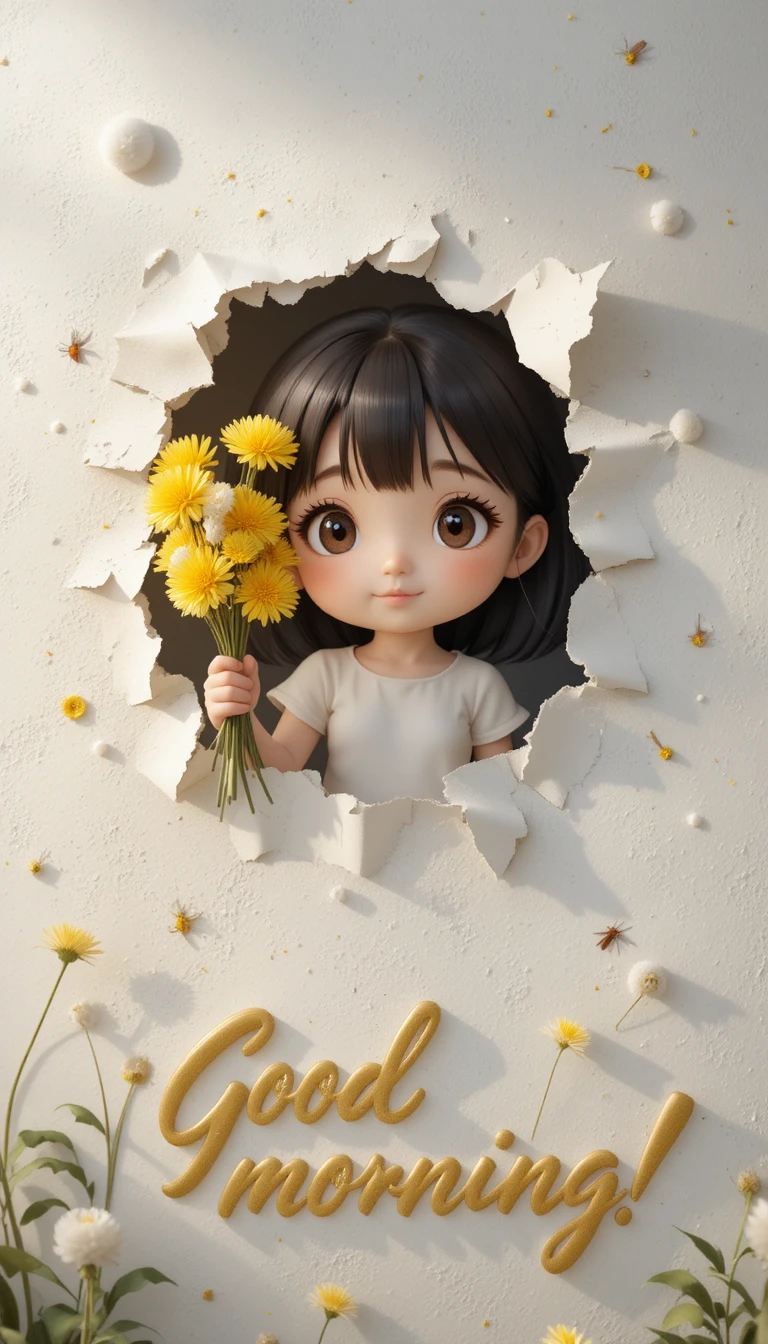 Cute girl with dandelions peeking through torn paper