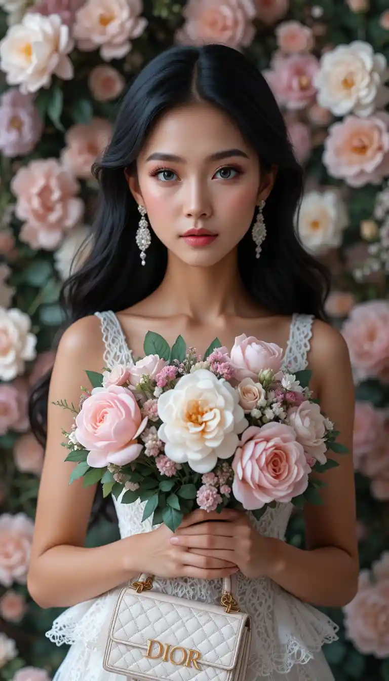 Elegant dark haired woman with peonies and lace florals