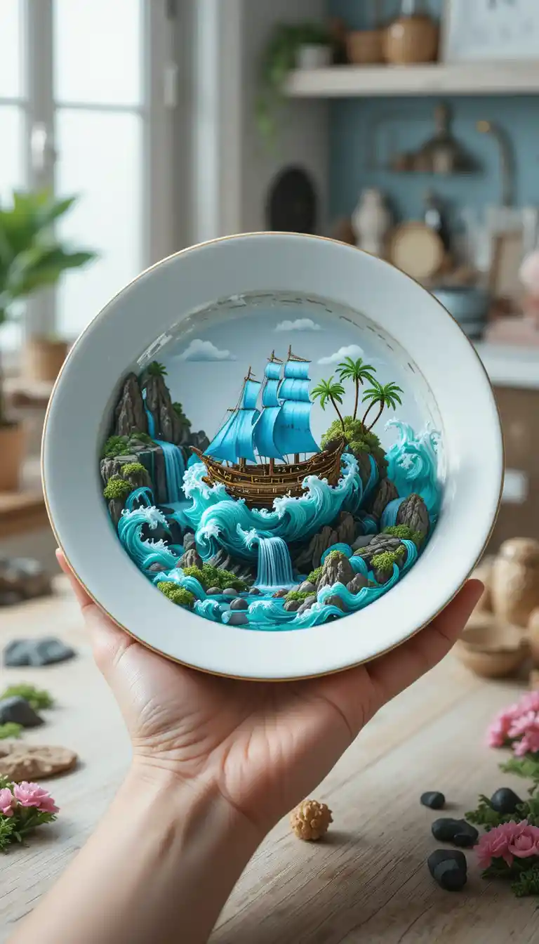 Double exposure plate revealing a tiny 3D ship world