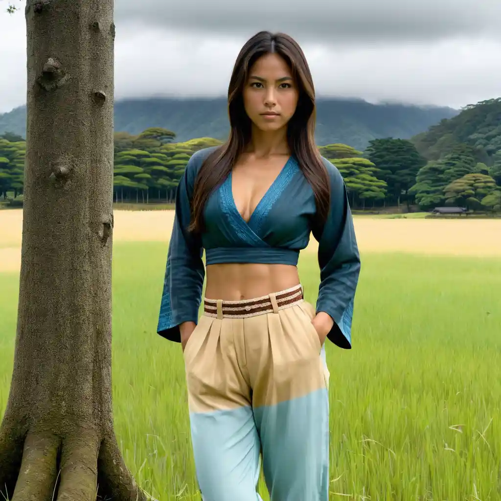 South American woman standing in a field on a cloudy day