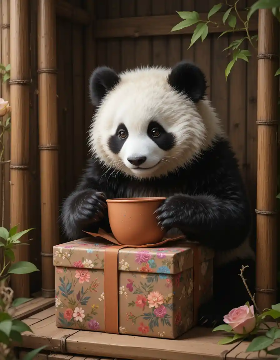 Fluffy panda opening a gift box in a cozy room