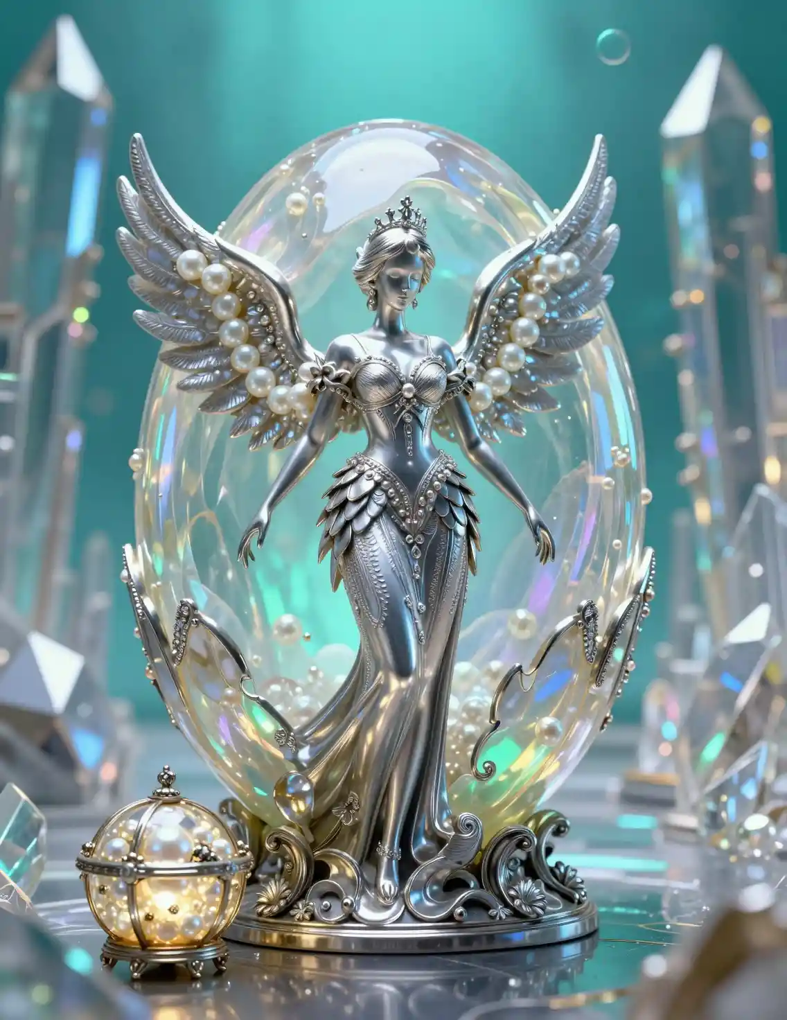 Silver swan princess statue inside luminous nacre egg