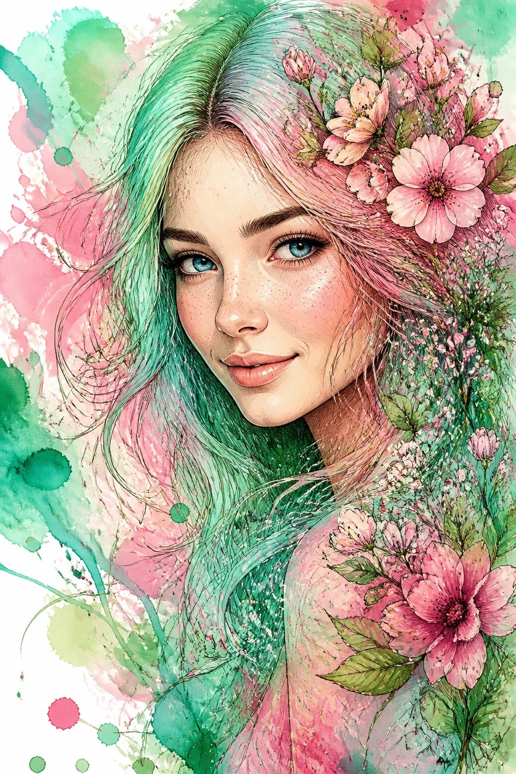 Colorful spring portrait of a woman with floral hair