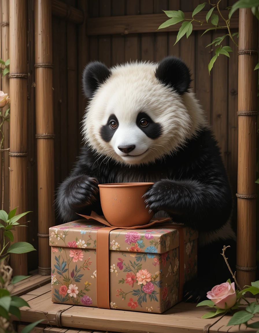 Fluffy panda opening a gift box in a cozy room