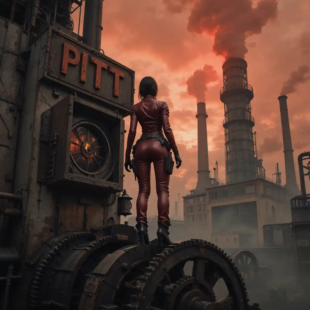 Woman in red leather suit over steampunk industrial ruins