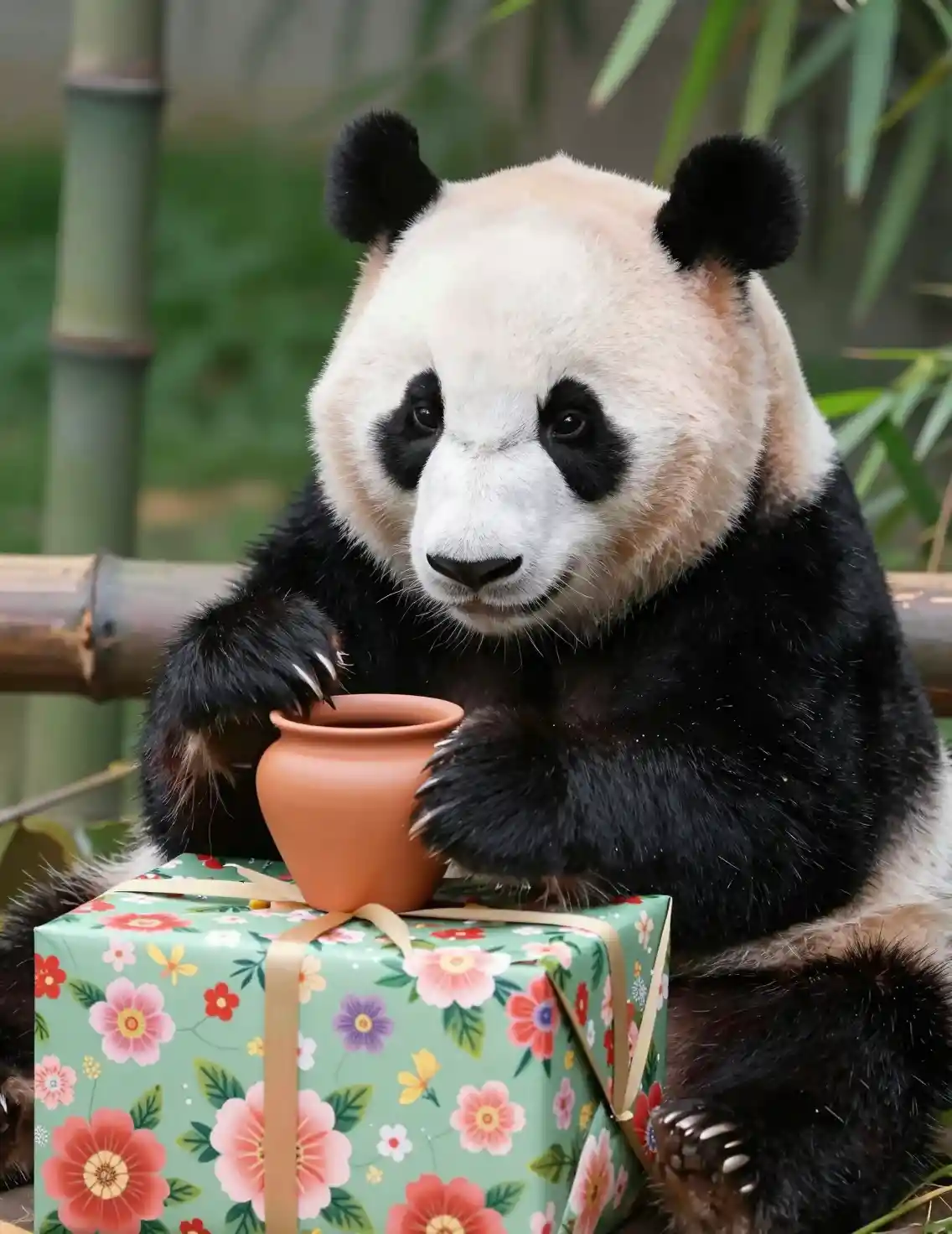 Cute panda opening a gift in a cozy bamboo home