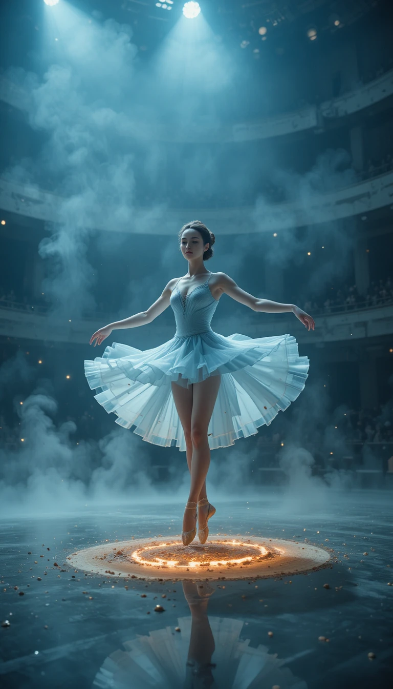 Ballet dancer poised on empty theater stage in toxic fog