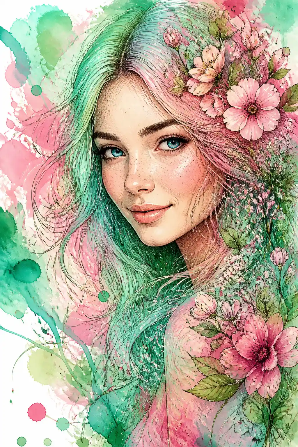 Colorful spring portrait of a woman with floral hair