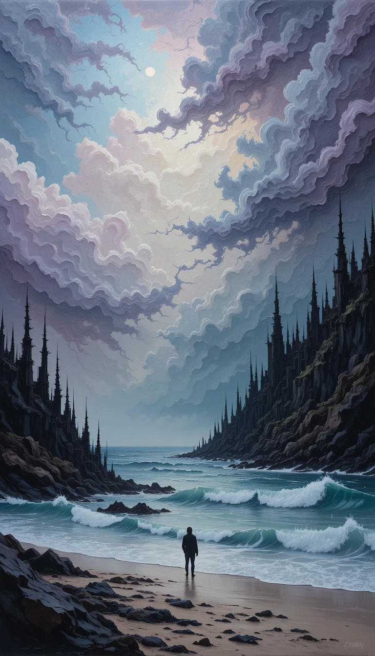 Surreal pastel ocean with spikes and lone human figure