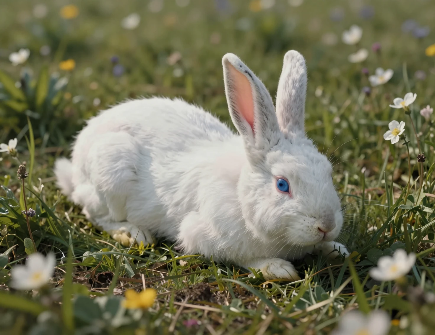 Conejo blanco descansando en un campo de flores de primavera