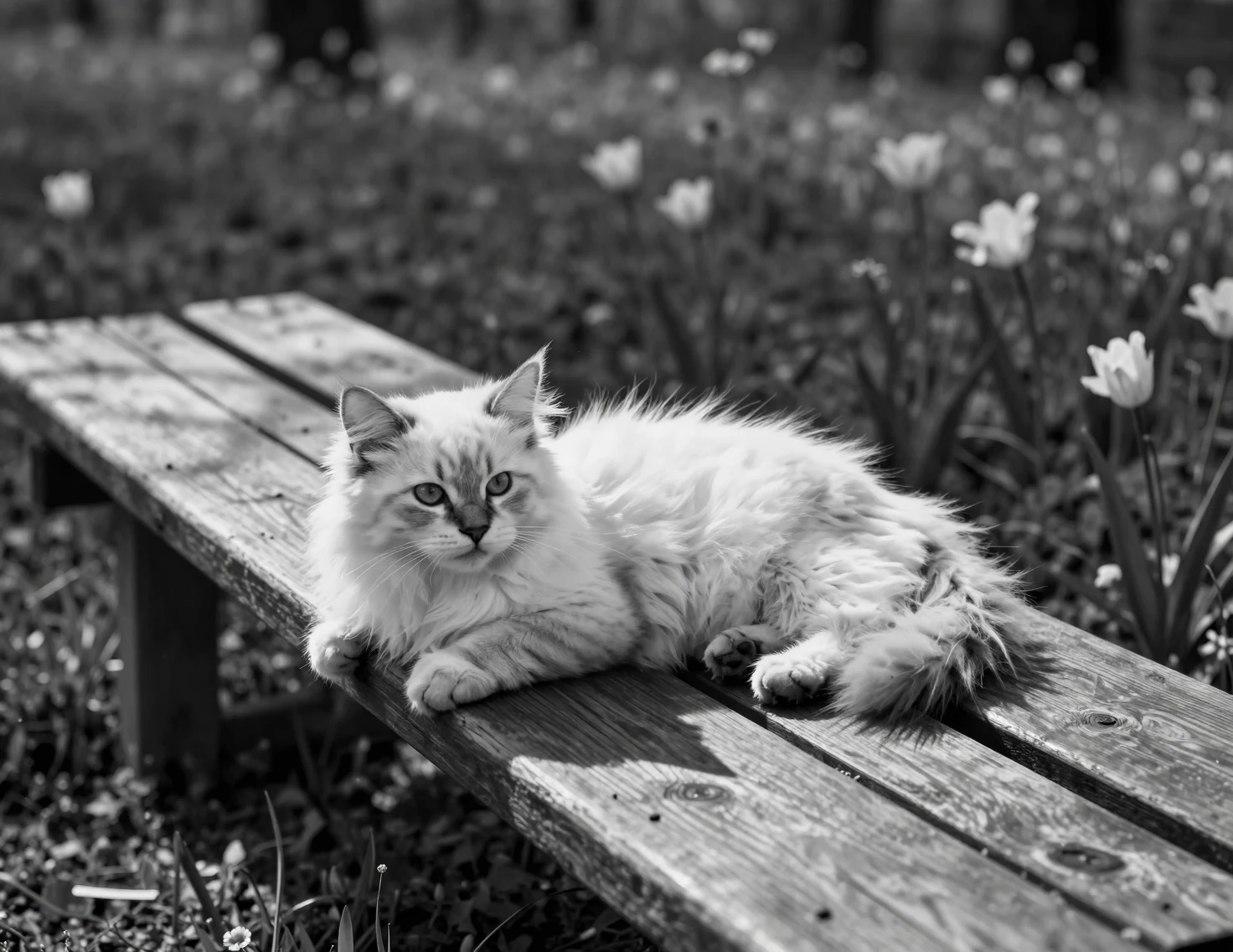 White kitten resting on a wooden bench in spring flowers