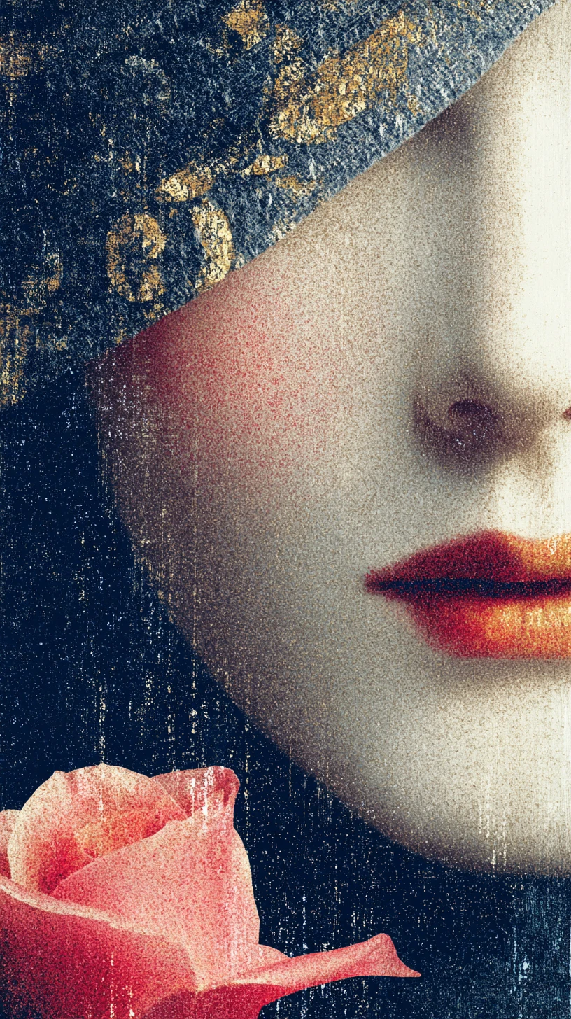 Ritratto Surreale di Donna con Labbra di Petali di Rosa in Arte Collage