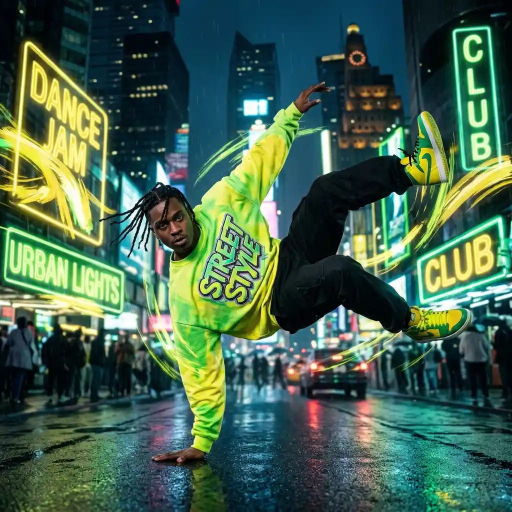 Hip hop dancer in motion with neon city background
