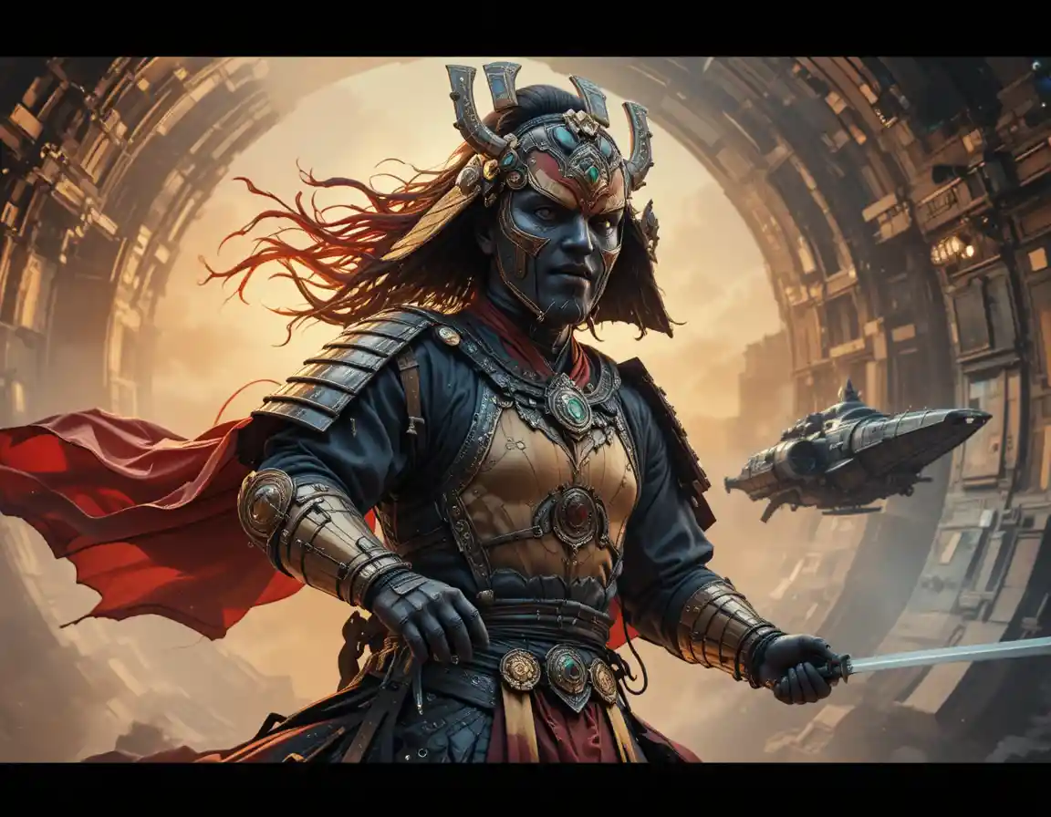Dynamic samurai warrior woman painting inside a futuristic spaceship