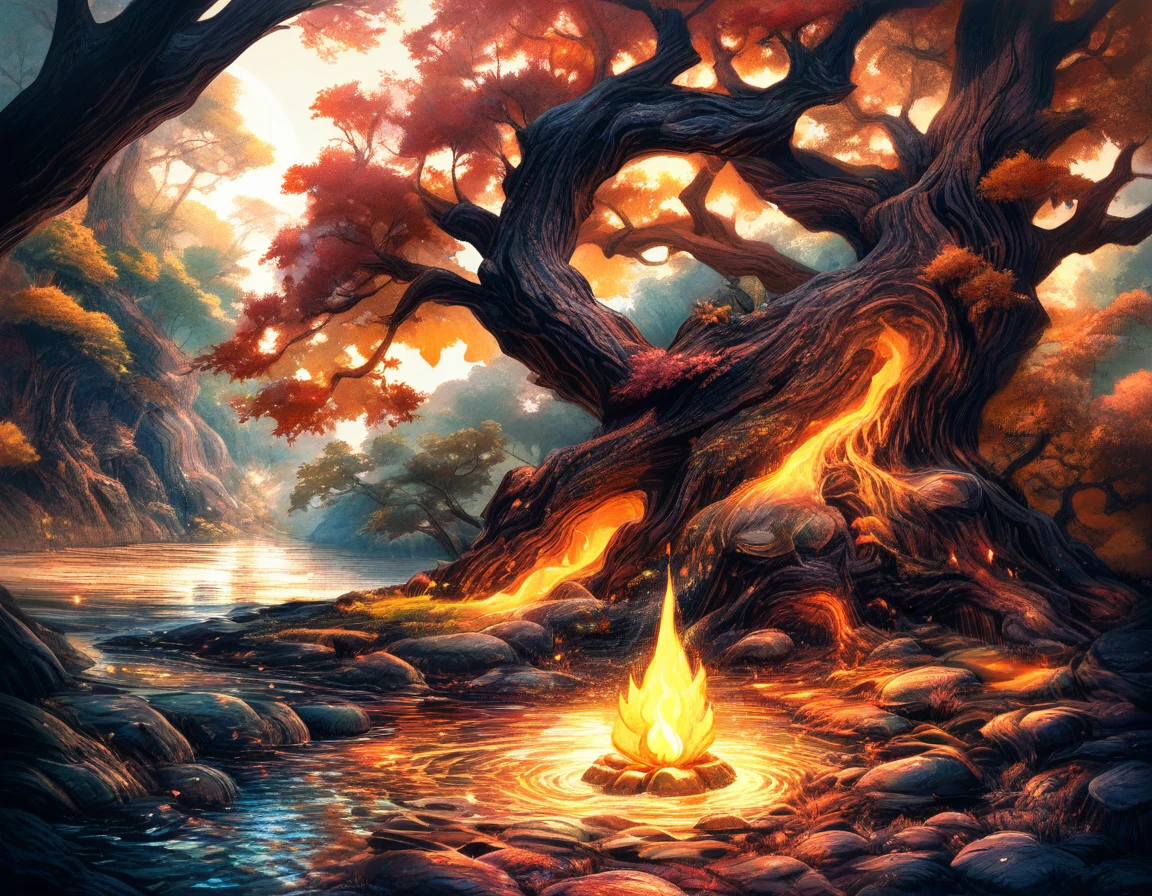 Meditating old elf under a twisted riverside tree