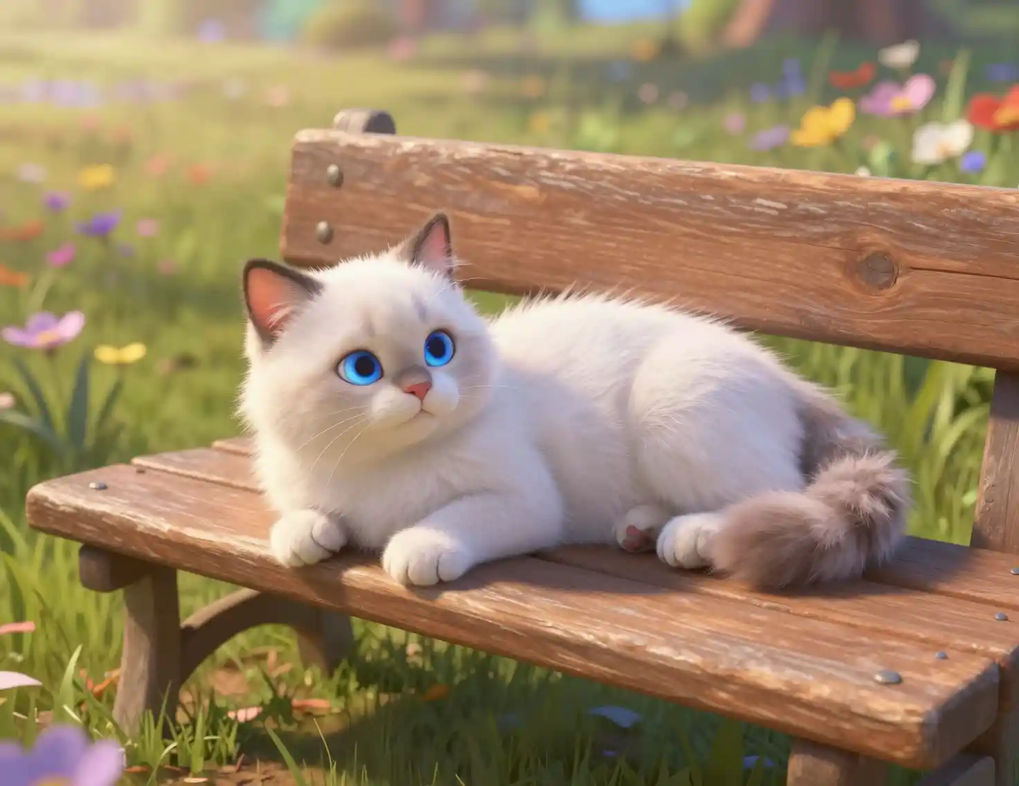 White kitten resting on a wooden bench in spring