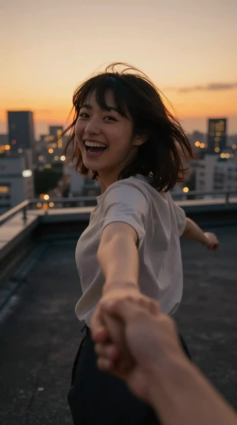 Young woman running on a rooftop at warm sunset