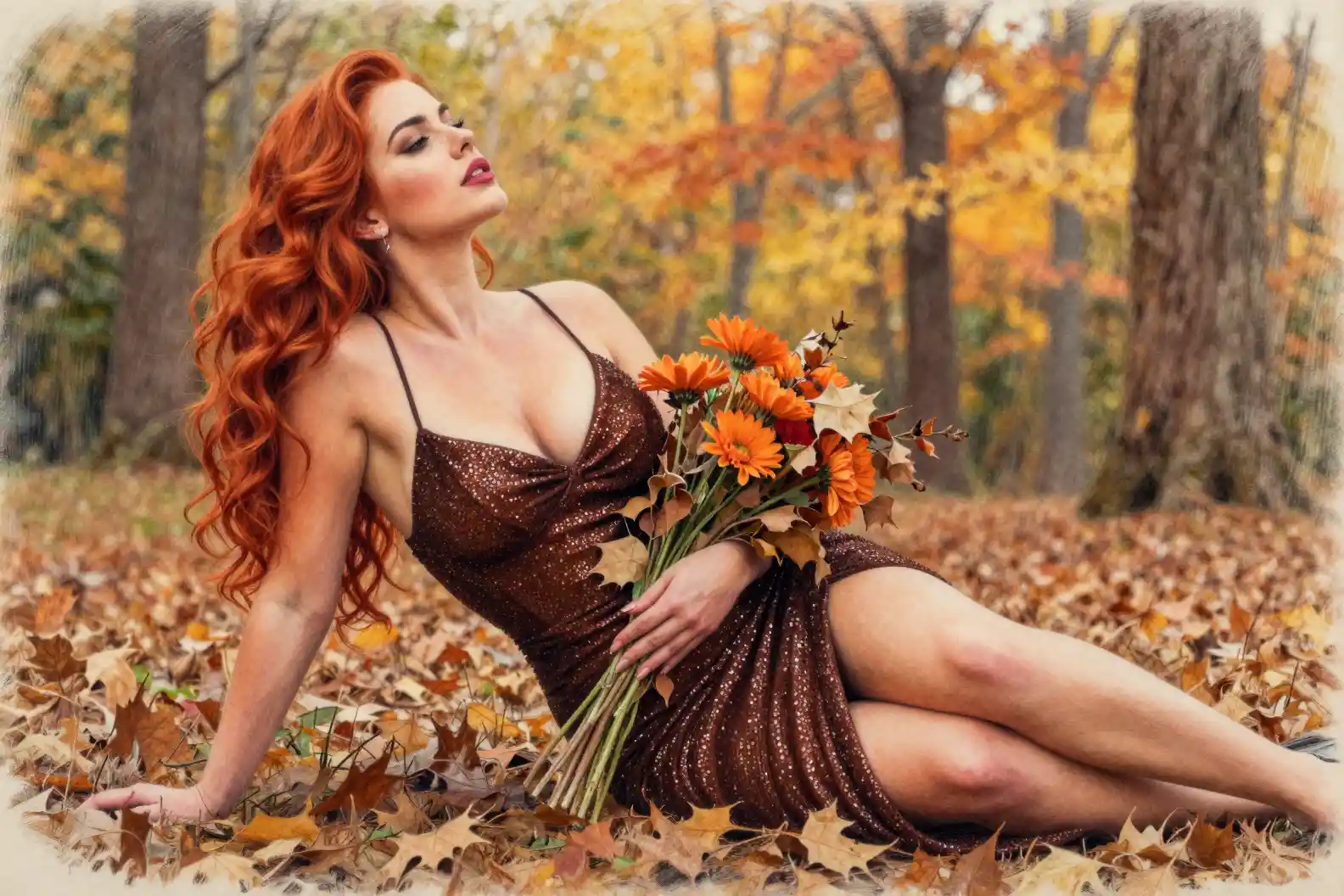 Curly haired woman in glitter dress on autumn leaves