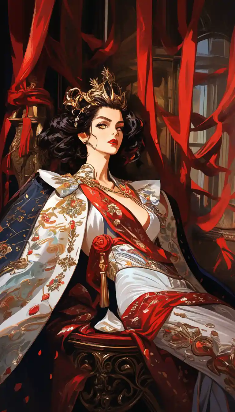 Glamorous woman in red silk reclining on ornate wooden divan