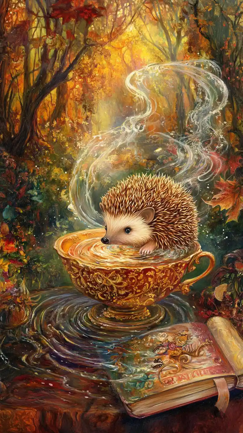 Laughing baby hedgehog in a steaming tub of water