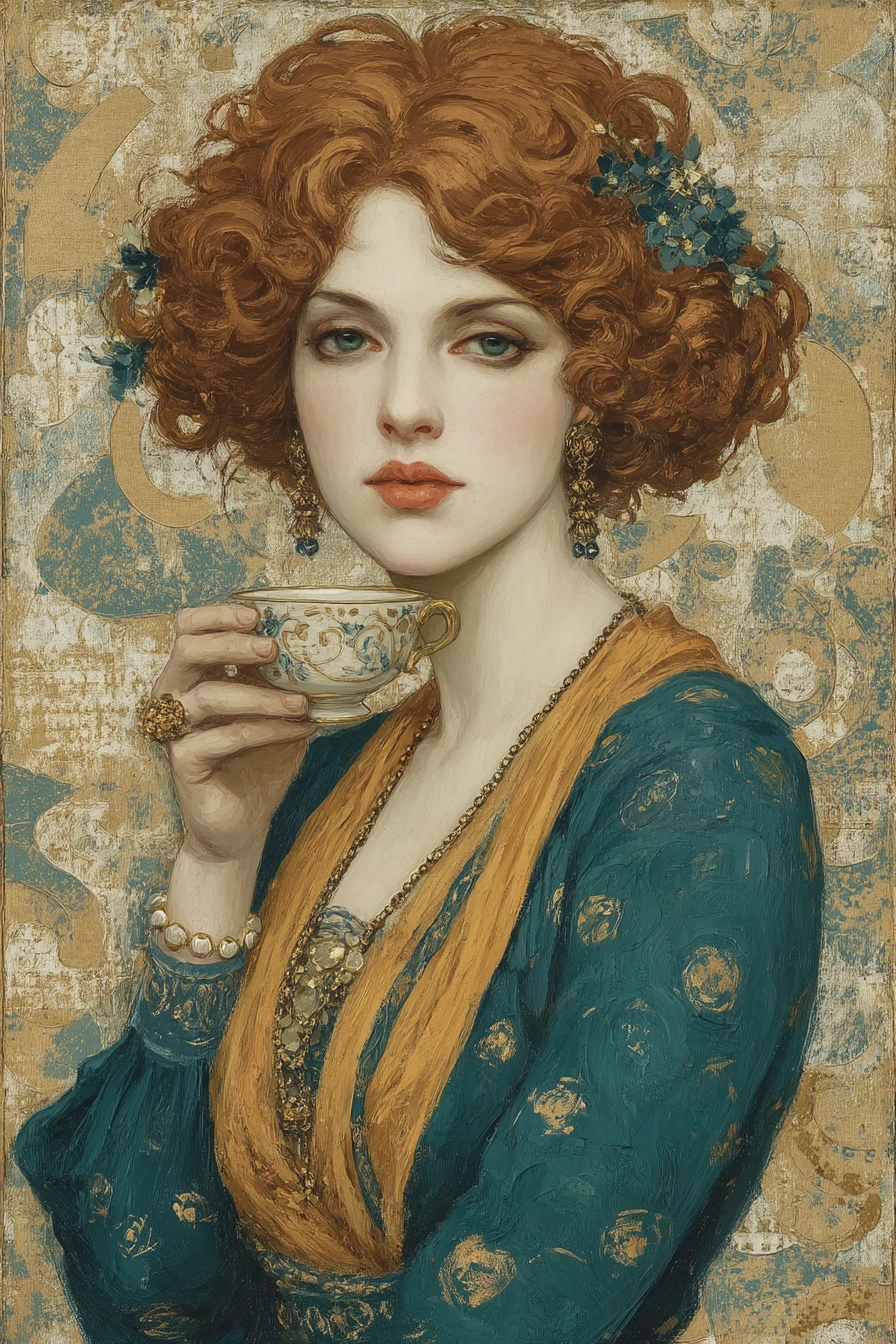Elegant woman with teacup in ornate vintage oil portrait