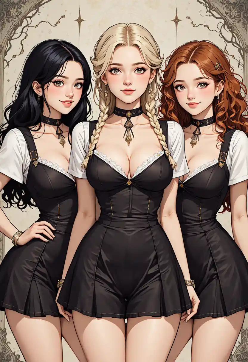 Three cheerful girls in short dress uniforms flirting together