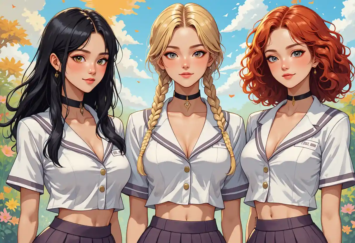 Cheerful schoolgirls in abstract cubist fantasy sunlight scene