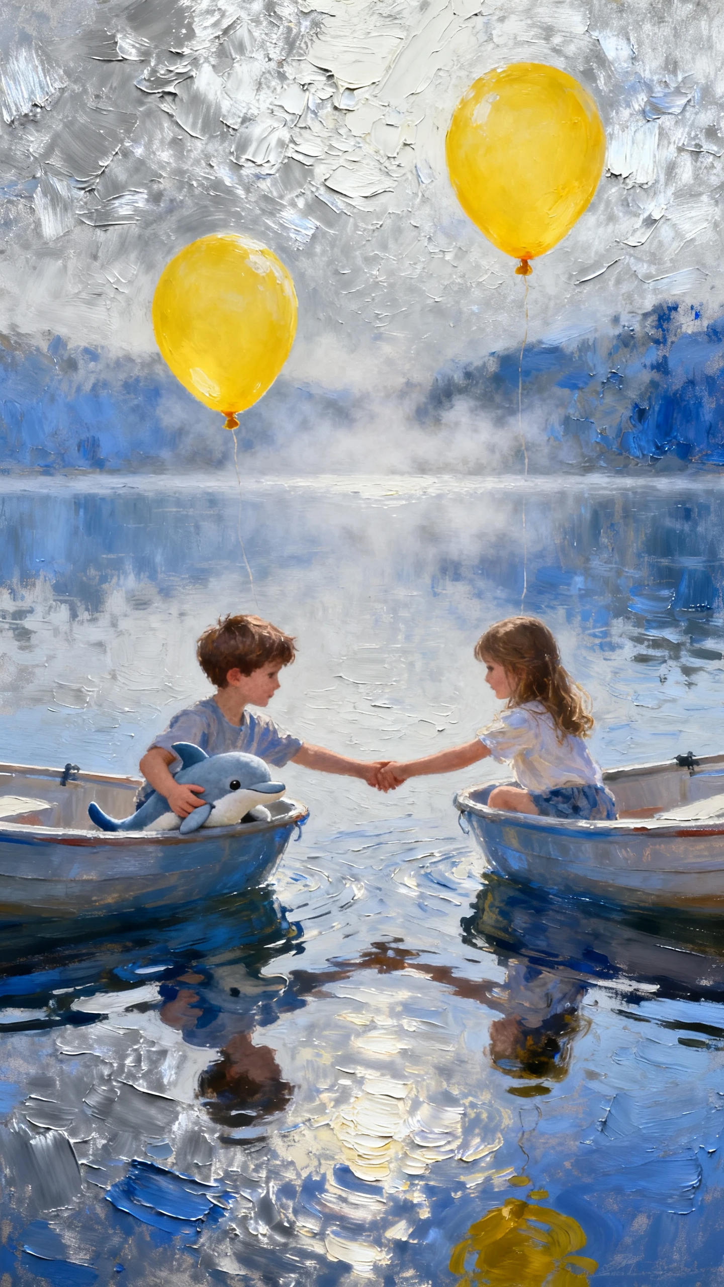 Children Holding Hands In Boats On A Blue Impasto Lake