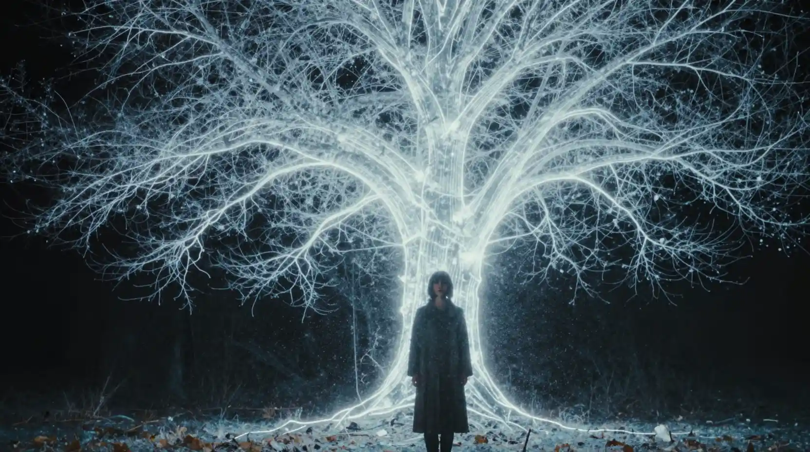 Woman framed by a glowing spectral tree of memory