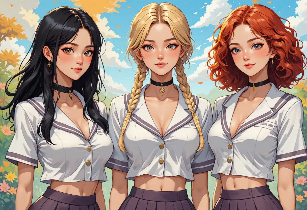 Cheerful schoolgirls in abstract cubist fantasy sunlight scene