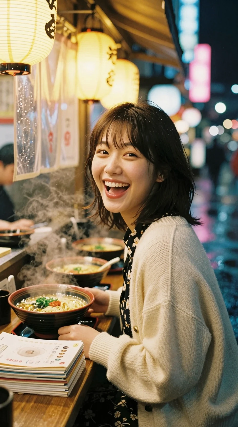 Laughing woman at a cozy Japanese ramen street stall